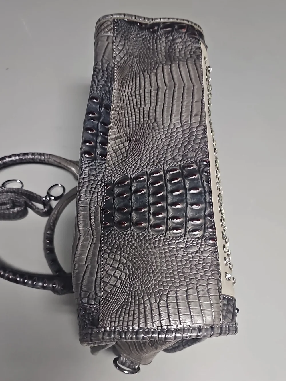 Grey Croc Leatherette Crystal Srud Silver Satchel Purse Bag Crossbody EUC